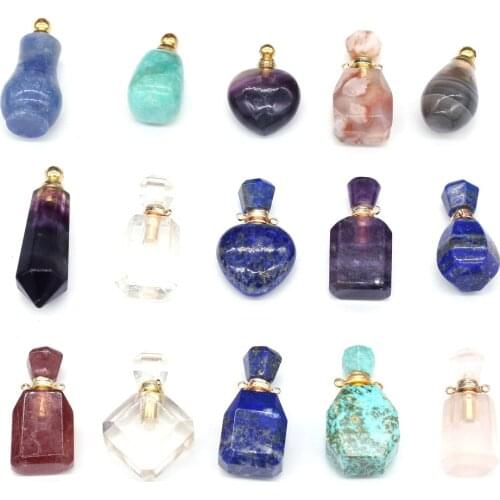 Natural Perfume Bottle Stone Pendant Necklace Agates Crystal Amethysts Essential Oil Diffuser Pendant Charms for Jewelry Making