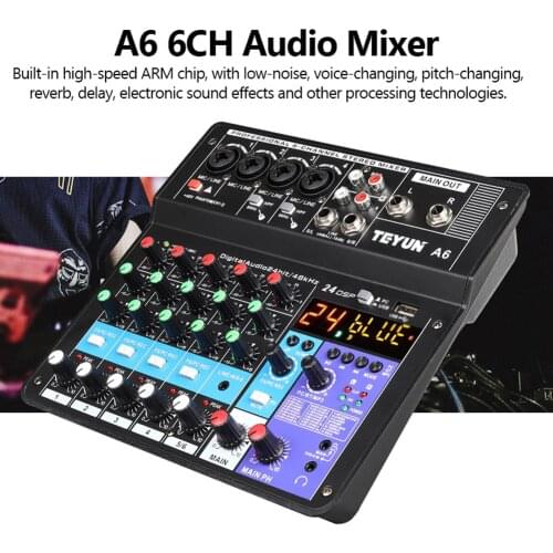A6 6CH Protable Mini Mixer Audio Console with Sound Card USB Recording Singing Webcast Party Mixer Sound Machine