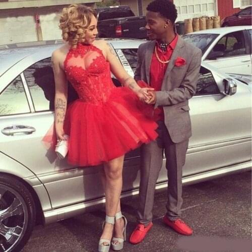 Sexy Red Lace Cocktail Party Dresses High Neck A Line Appliques Sheer Neck Bride Gowns Knee Length Graduation Party Dresses Cust