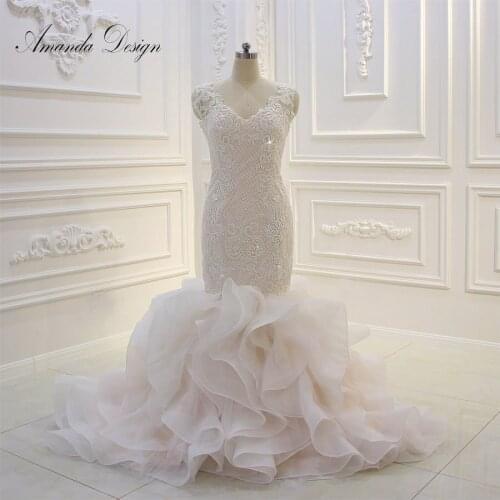 Amanda Design Popular Cap Sleeve Lace Applique Crystal Tiered Organza Mermaid Wedding Dress