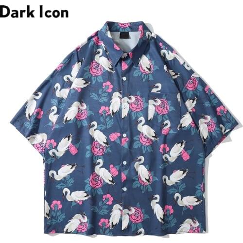 Dark Icon Crane Oversized Mens Shirt Short Sleeve Turn-down Collar Shirts for Man Male Top 3 Colors
