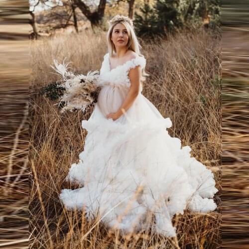 Gorgeous Bridal Tulle Maternity Dresses Ruffles Women Tulle Robes Ball Gown V Neck Maternity Dresses For Photo Shoot Tulle Gowns