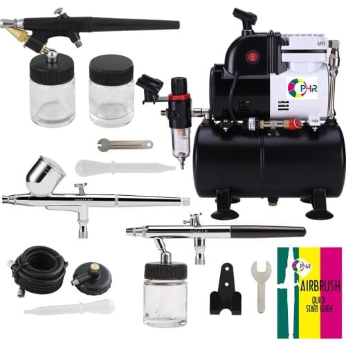 OPHIR Pro Air Compressor Air Tank Cooking Fan 3x Dual - Single Action Airbrush Kit Set for Temporary Tattoo Body Painting Hobby