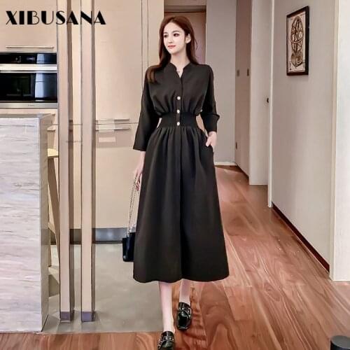 XIBUSANA 2020 A-Line Full Sleeve Solid Vintage Dress Women French Style New Autumn Winter High Waist V-Neck Long Dresses Female
