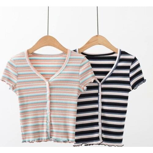 T Shirt Women Rainbow Striped Tops Slim Fit V Neck T Shirts Harajuku Tees Summer Short Sleeve Korean knitted Female Clothes Tops