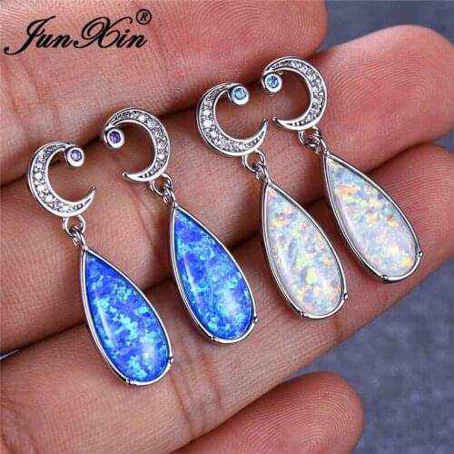 JUNXIN Luxury Teardrop Stone Moon Drop Earrings For Women Silver Color Water Drop Blue White Fire Opal Earrings CZ