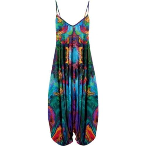 Spring Summer Beach Jumpsuit Vintage Print Sling Sleeveless V Neck Wide Leg Women Romper Beachwear Beach Overalls Vintage Sexy