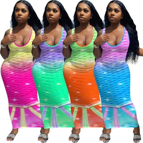 Women New Women Gradient Fish Scale Print Sleeveless Maxi Sexy Beach Bodycon Long Dresses