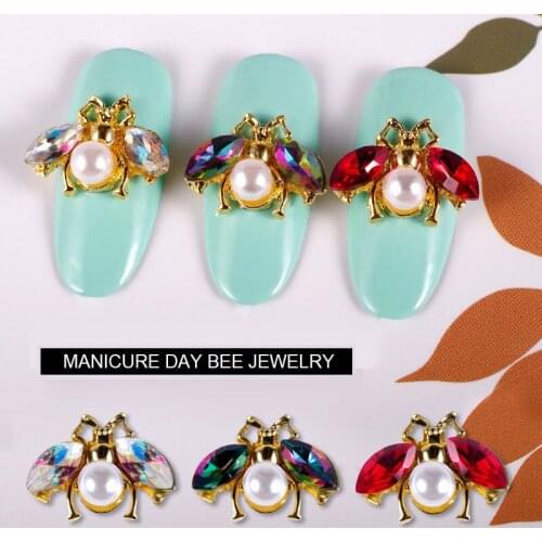Top-level 10pcs/lot Alloy Glitter pearl Rhinestone Nail Art Decoration Studs Bee insect design Nail Charm 3D DIY Metal Nail