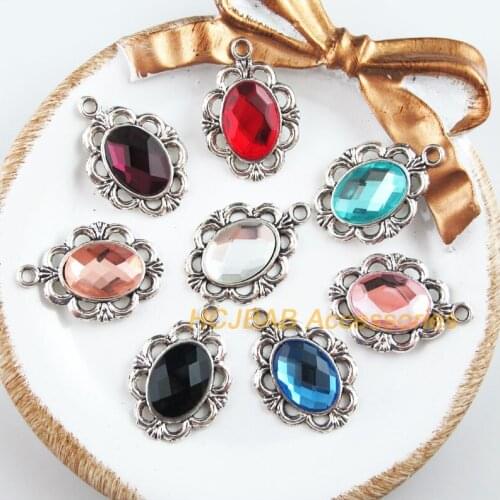 8 New Flower Charms Tibetan Silver Tone Retro Oval Mixed Crystal Pendants 18.5x26.5mm