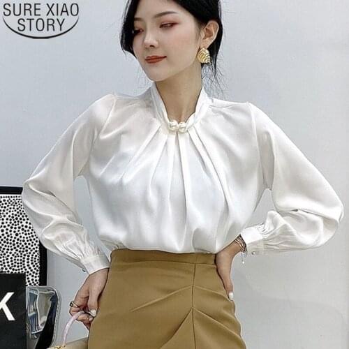 White Shirt Women Long Sleeve Loose Shirt Satin Blouse 2021 New Stand Collar Office Lady Fashion New Autumn Blusa Mujer 16881
