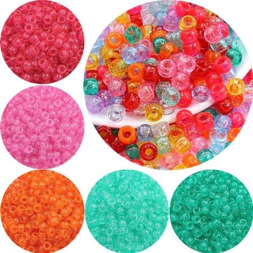 6X9mm 100Pcs Acrylic Beads Transparent Glitter Plastic Pony Beads Spacer Loose Beads for Jewelry Making DIY Necklace Bracelet