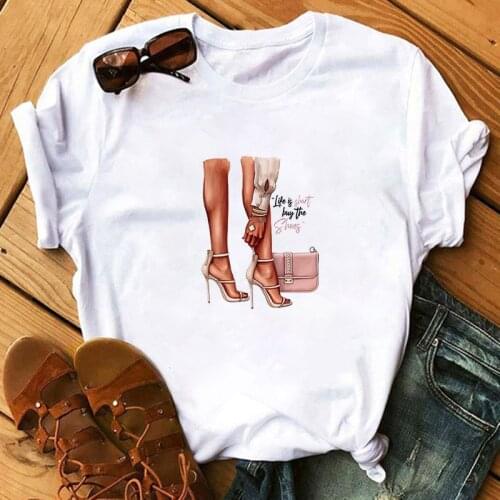 Life is short but the shoes Letter Printed T-shirt High heels Graphics T Shirt Summer Womens Short Sleeves Tshirt Tops Female