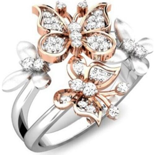 FYJS Unique Rose Gold Color Butterfly with Cubic Zirconia Engagement Ring Silver Plated Jewelry