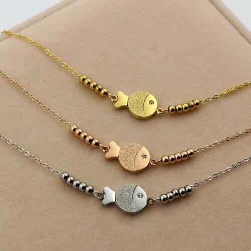 Hot Sale Small Fish With Beads Gold Color / Rose Gold Color / Silver Color Titanium Steel Necklaces