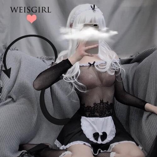 Kawaii Maid Cosplay Costume Halter Bowknot Lace Sleepwear Women Suspender Skirt Uniform Sexy Lingerie Slutty Clothes See Through