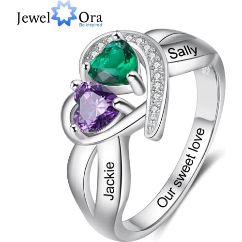 JewelOra Personalized DIY Heart Birthstone Rings for Women Customized Engraving Mothers Ring Promise Gifts for Girlfriend