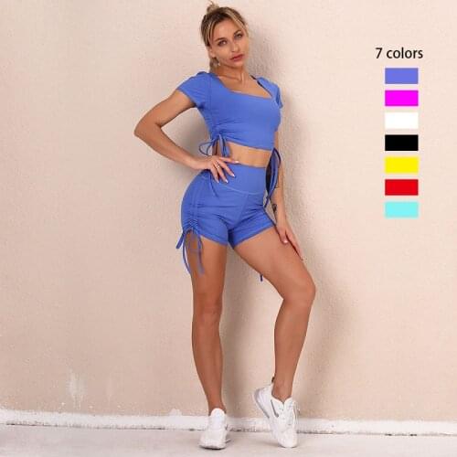 Seamless Sport Suit Fitness Gym Crop Top And Butt Lift Tights Shorts Sexy Drawstring Yoga Set Women Active Wear 2 Piece Summer