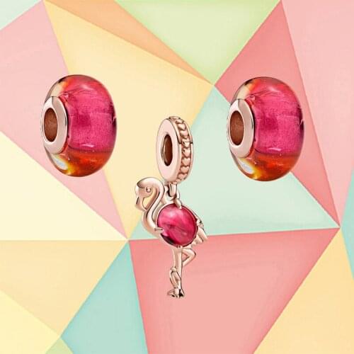 2021 Summer New Style 925 Silver Sunset Murano Glass Beads, Red Flamingo Pendant, Fashionable Diy Bracelet Making Jewelry