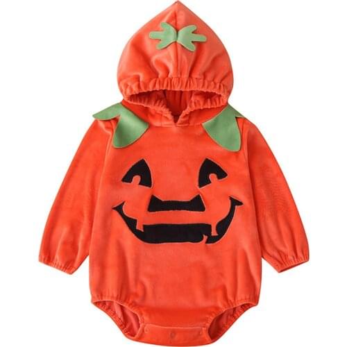 OPPERIAYA Infant Autumn Cotton Hooded Bodysuit with Funny Pumpkin Expression Elastic Cuffs Halloween Theme Festive Clothing