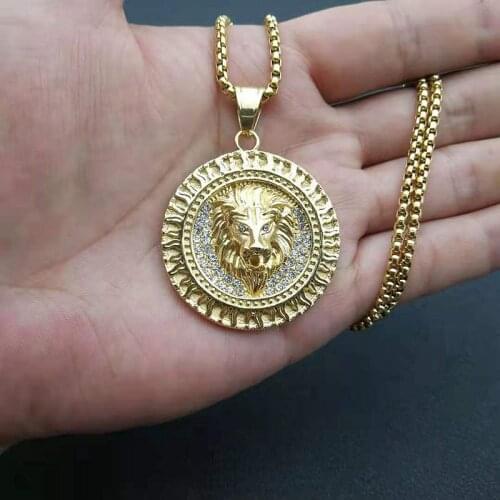 Hip Hop Bling Iced Out Gold Color Stainless Steel Lion Round Pendant Necklace for Men Rapper Jewelry