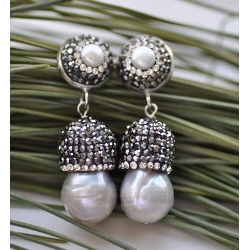 P7608 25mm Gray Baroque Keshi Pearl Dangle CZ Earrings