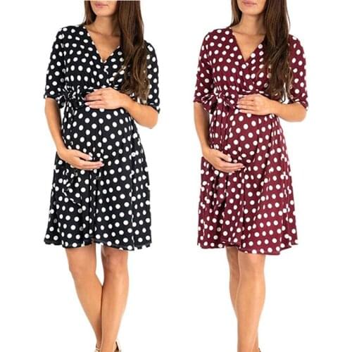 Dot Women High-Low Surplice Wrap with Waist Belt Maternity Dress Adjustable V Neck Nursing Dress Breastfeeding Pregnant Clothes