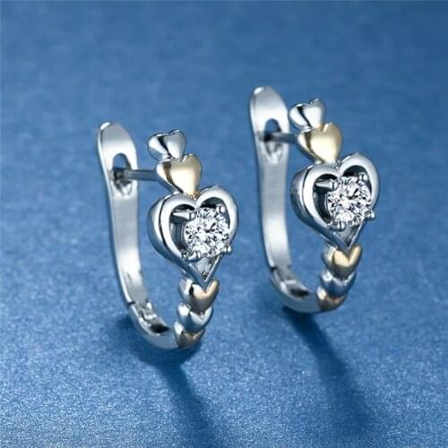 Romantic Love Heart Hoop Earrings White Round Small Stone Earrings Vintage Gold Silver Color Earrings For Women Wedding Jewelry