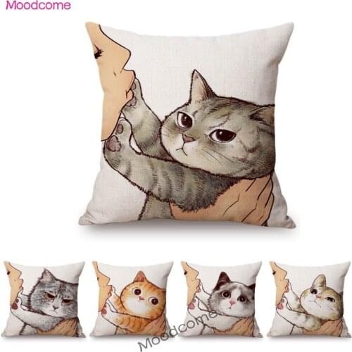 Funny Cute Cartoon Kiss Cat Frown Sad Face Baby Art Cotton Linen Sofa Throw Pillow Cover Nordic Concise Decorative Cushion Cover