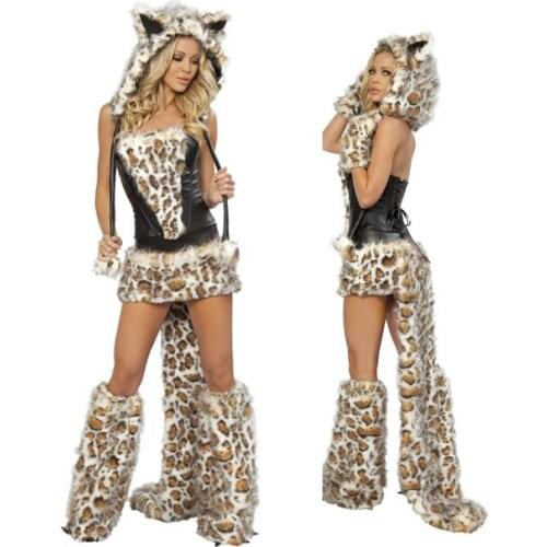 Animal Fur Catwomen Costume Women Halloween Fur Leopard Cosplay Cat Lingerie Fancy Party Dress Outfit Fashion Jy097