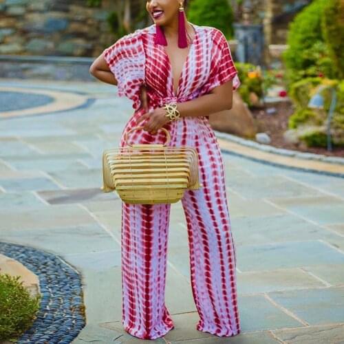 Plus Size Women Sexy Jumpsuits Red Print Deep v Neck Short Sleeve Long Pants Loose High Waist Elegant Evening Night New Jumpsuit