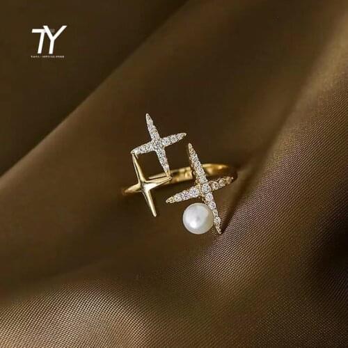 Classic Design Sense Golden Star Shaped Pearl Opening Rings For Woman Korean Fashion Jewelry Wedding Girls Luxury Accessories
