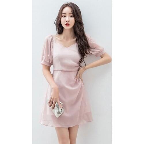 New arrival fashion chiffon mini dress women elegant summer vintage square collar temperament sweet fresh pink a-line dress