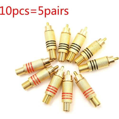 10Pcs 5Pairs Gold RCA Phono Male Plug Solder Audio Video Cable Adapter Connector For Audio Speakers Dropshipping