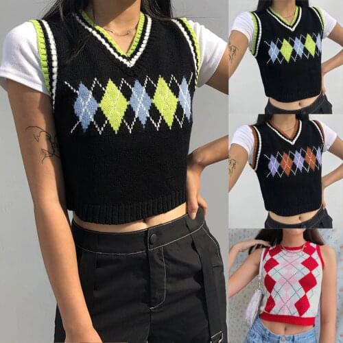 BM Style Vest Sweater Women Knitted Tank Tops V-Neck Autumn Winter Vests Retro plaid Vintage Pullovers Girls Sweater Vest y2k