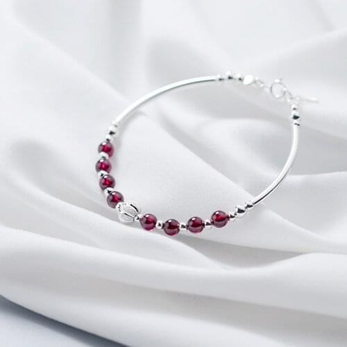 Wine Red Natural Garnet Beads 925 Sterling Silver Strand Bracelets for Girls Womens Bracelets Fine Jewelry Accessories YBR209