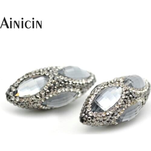 10pcs 20x40mm Oval Shape Rhinestone Crystal Clay Paved Silver Beads DIY Findings