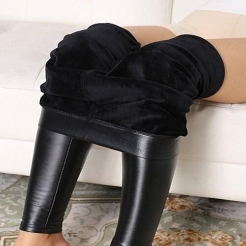 M-5XL Women Plus Size Winter Leather Pants Warm Velvet Pant High Waist Trousers Women Thick Stretch Pants