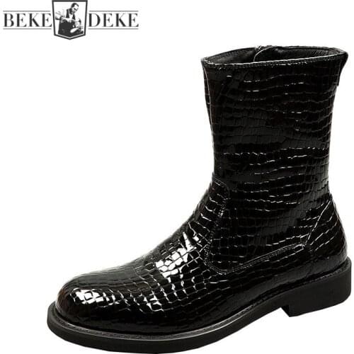 Punk Style Mens Genuine Leather High Top Shoes Vintage Round Toe Plaid Motorcycle Boots Male Cow Patent Leather Fashion Boots