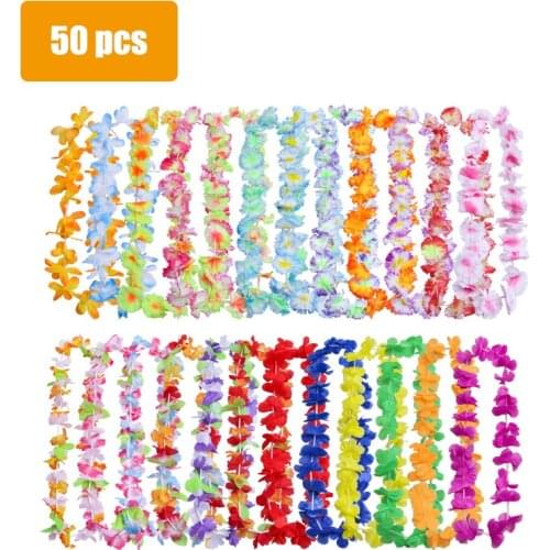 50 Pcs Hawaiian Flower Lei for Luau Party - Bulk Set of Floral Necklace Leis Vibrant Colors Assortment for Party Favors, Garland