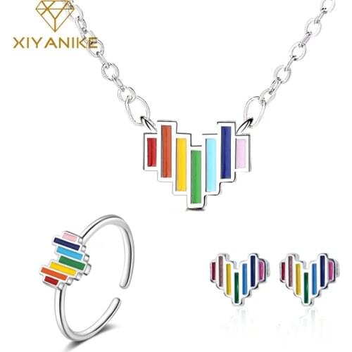 XIYANIKE 925 Sterling Silver Prevent Allergy Jewelry Sets for Women Creative Colorful Rainbow Necklace Earring Ring Party Gifts