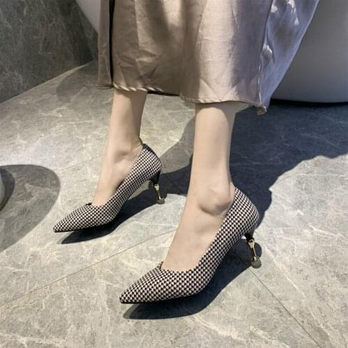 2020 new spring fashion lady belt with single shoes color matching pointed lattice banquet daily female high-heeled shoes U22-97