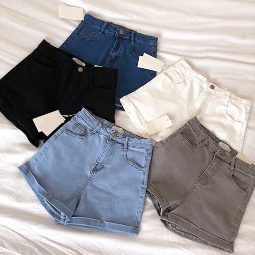 Obrix summer denim Korean fashion streetwear regular shorts solid pattern high waist casual style shorts for women