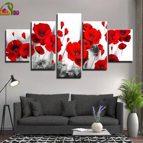 5d Diy Diamond Painting Modular 5 Pieces Red Poppy Flower Multi-Picture Posters Wall Art for Living Room Home Decoration