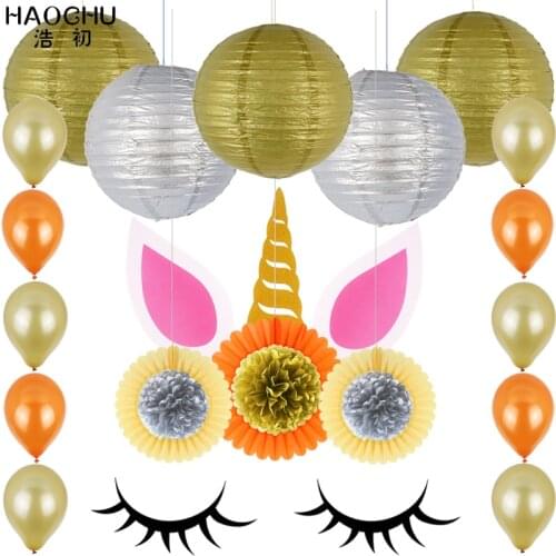 Unicorn Birthday Party Decoration Mixed Set Balloons Paper Flower Balls Lanterns Banner Garlands Baby Shower Wedding Background