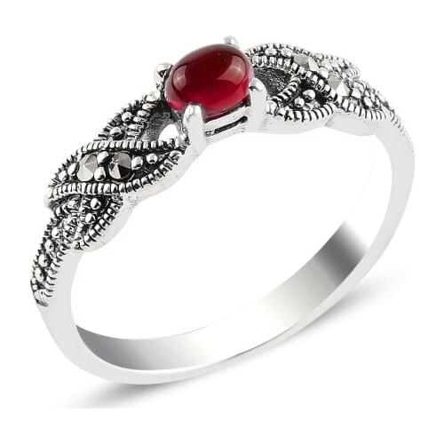 Silverlina Silver Red Agate & Marcasite Ring