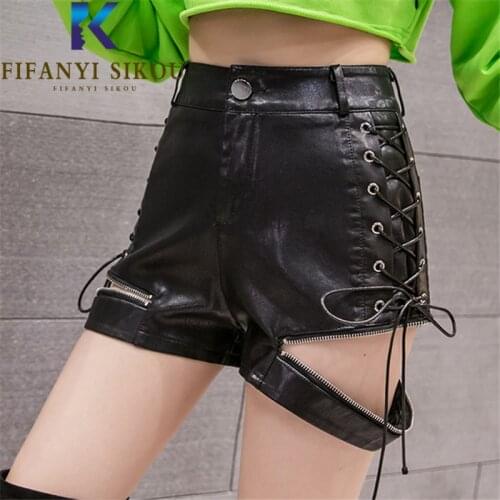 Black PU Leather Shorts Women 2021 New Fashion Zipper Bandage High Waist Wide Leg Short Pants Female Summer Loose Biker Shorts