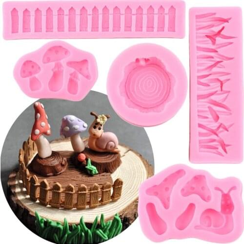 Snail Grass Mushroom Tree Stump Fence Silicone Fondant Mold Cupcake Cake Decorating Tools Chocolate Gumpaste Moulds Resin Mould