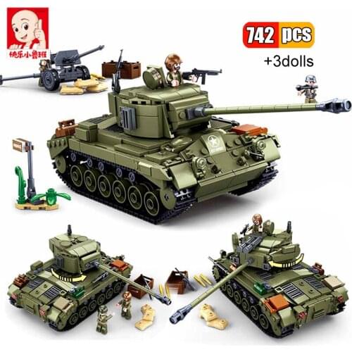 Sluban 742Pcs WW2 US M26E1 Pershing Tank Building Blocks Germany Military Army Soldier Weapon Bricks Education Toys For Kids