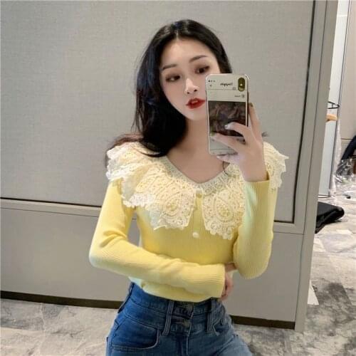 Woman Sweaters Spring and Autumn Lace Edge V-neck Patchwork Yellow Long-Sleeved Sweater Top Sweater Femme Chandails Pull Hiver
